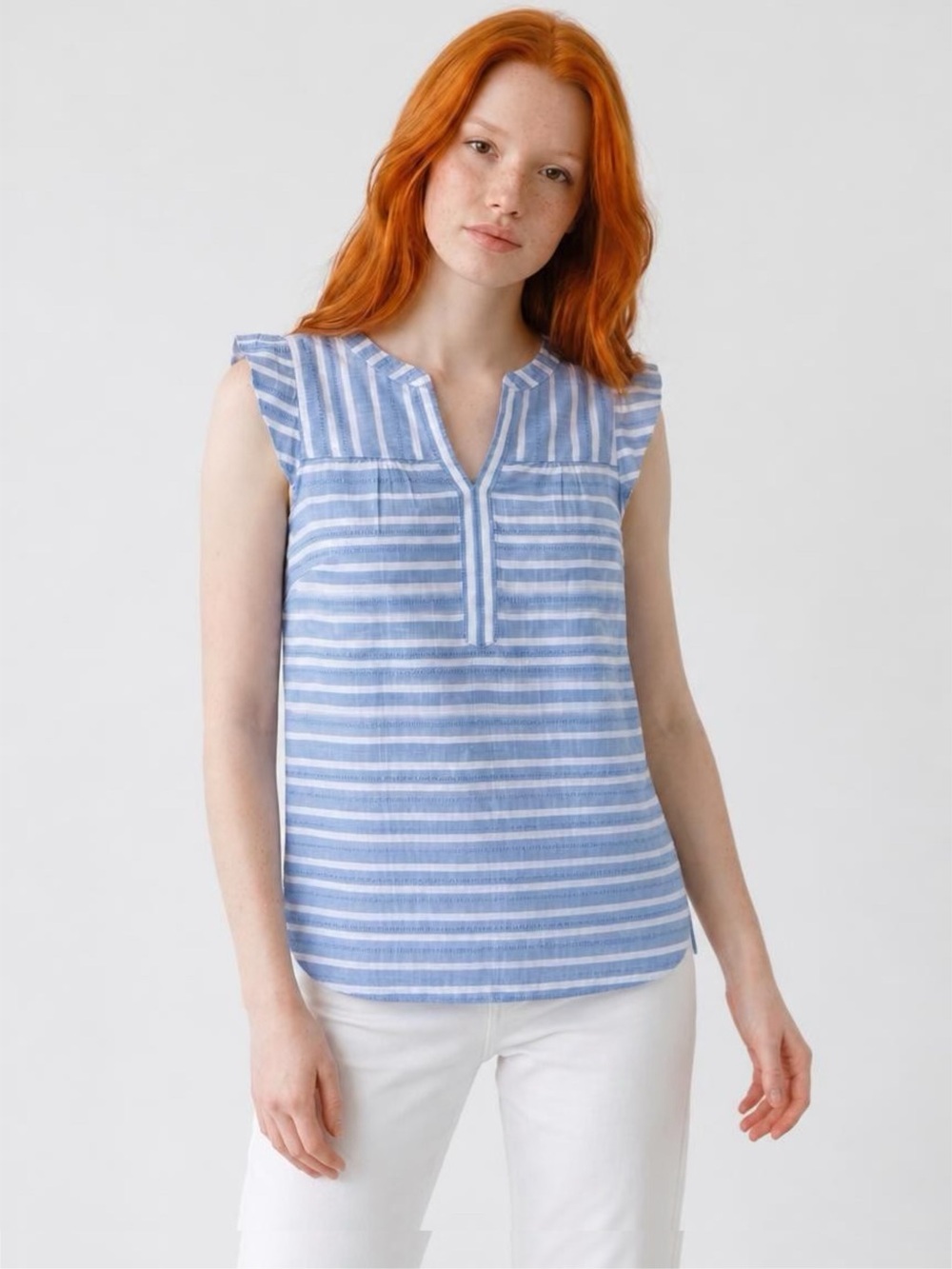 Talbots SMALL /PETITE Blue and White Striped Sleeveless V-Neck Top 100% COTTON